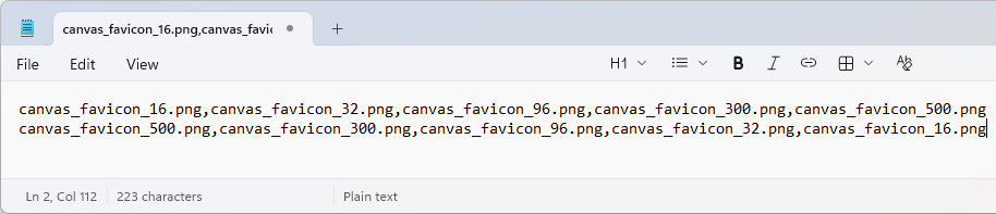 The original and new comma-separated lists of the image filenames in a text editor
