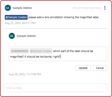 The original comment thread reply in an active text field with the Update and Cancel buttons under