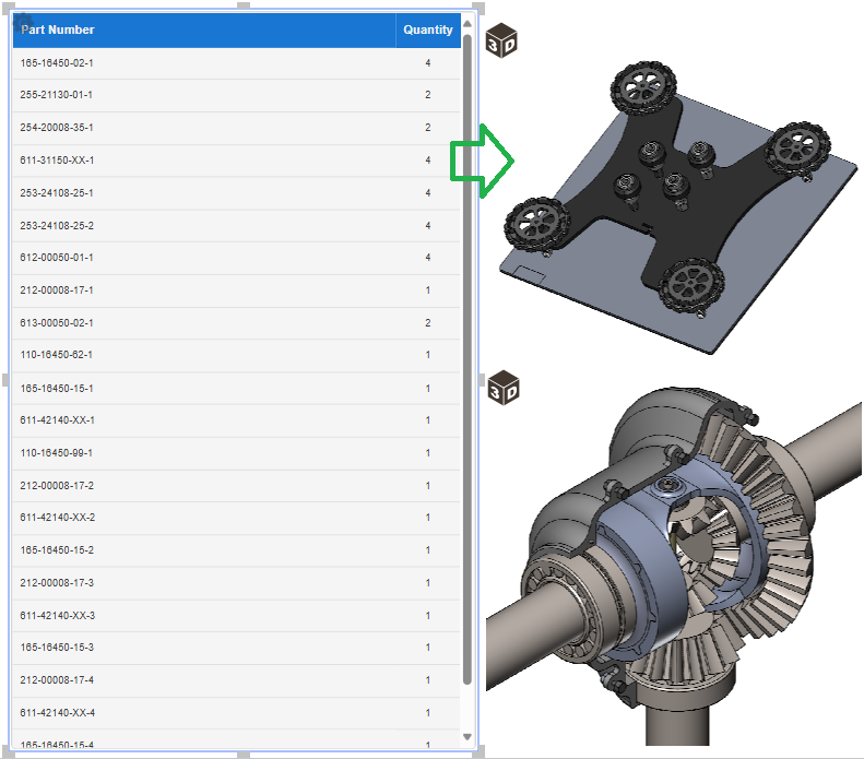 A part list gadget is associated with the right 3D model object on the same page