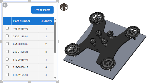 A part list gadget with the Order Parts button and checkbox column