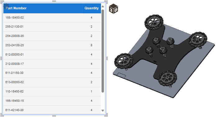 A part list gadget with the wide Part Number column after deleting the Description column