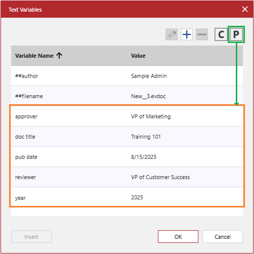 Pasting custom text variables from the Text Variables pop-up dialog to the clipboard