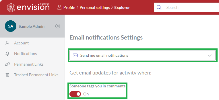 Personal account email notification settings on the Portal to get emails when someone tags you in comments
