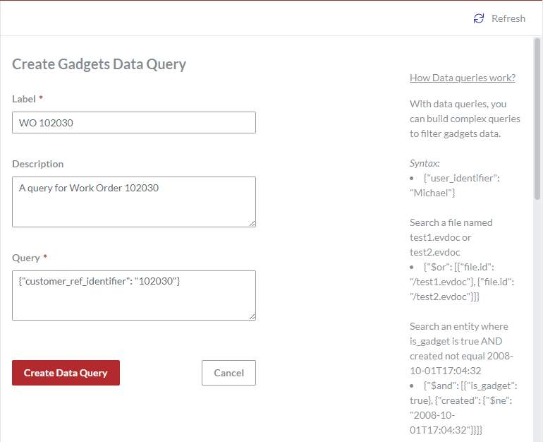 A populated Create Gadgets Data Query page