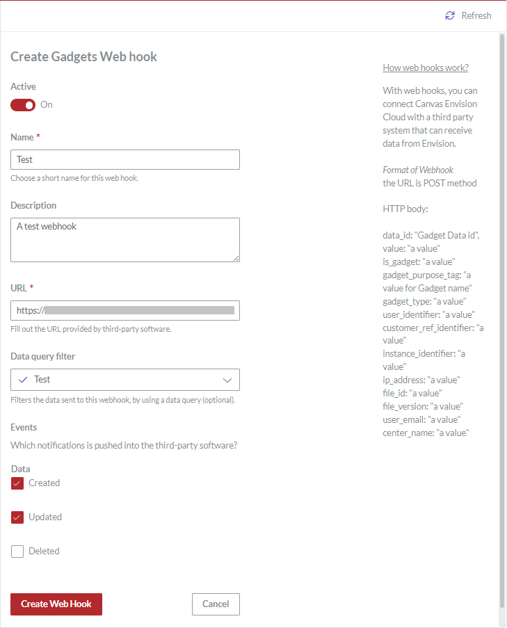 A populated Create Gadgets Web hook page