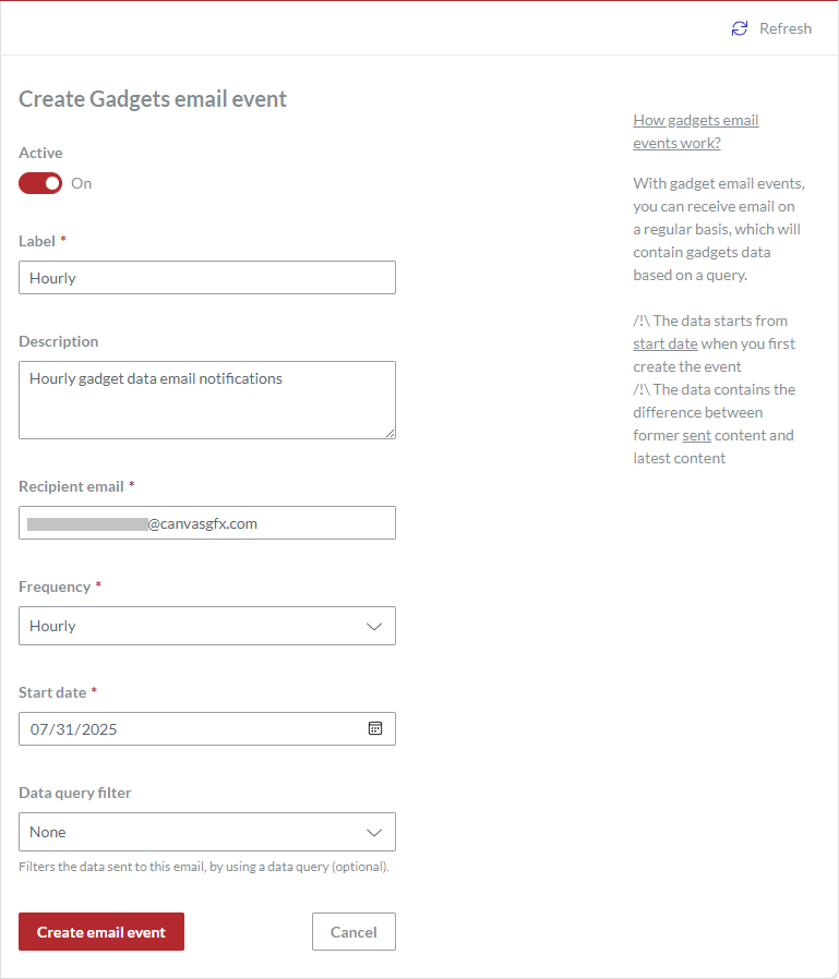 A populated Create Gadgets email event page