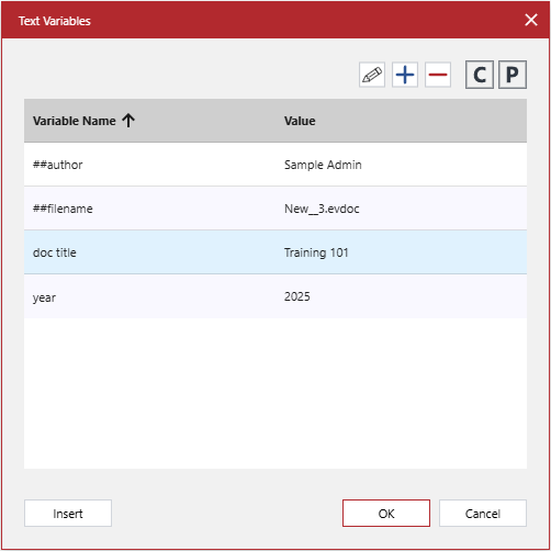 The populated new row inserted and sorted in the grid of Text Variables pop-up dialog