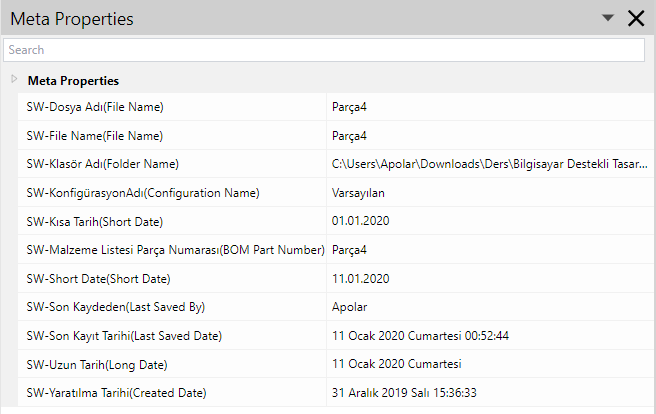 Populated Meta Properties pane of the 3D Viewer