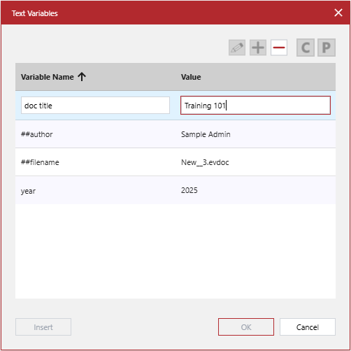 Populating the new row in the Text Variables pop-up dialog