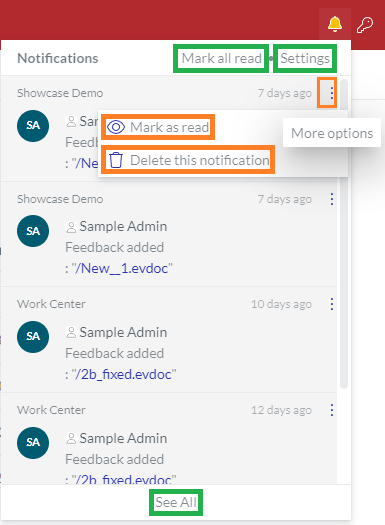 Buttons on the Portal Notifications Menu