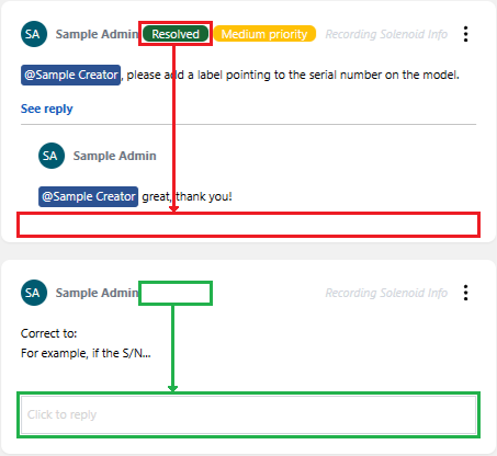 The reply box and buttons are absent from the comment threads with the Resolved status