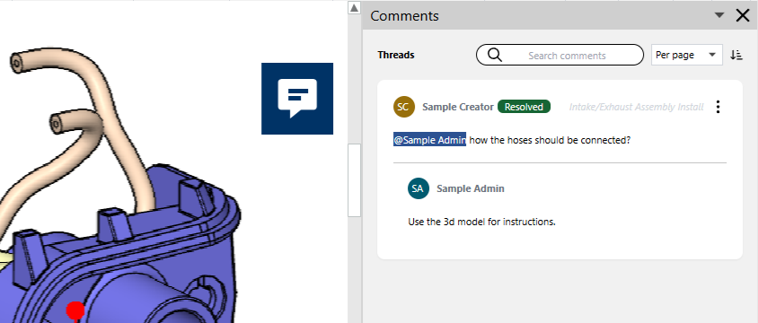 A resolved comment thread in the Comments pane and its blue icon on the page