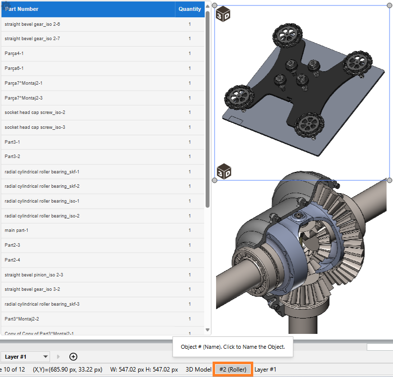 The selected right 3D model object and the # Status bar button with the given 3D model object name
