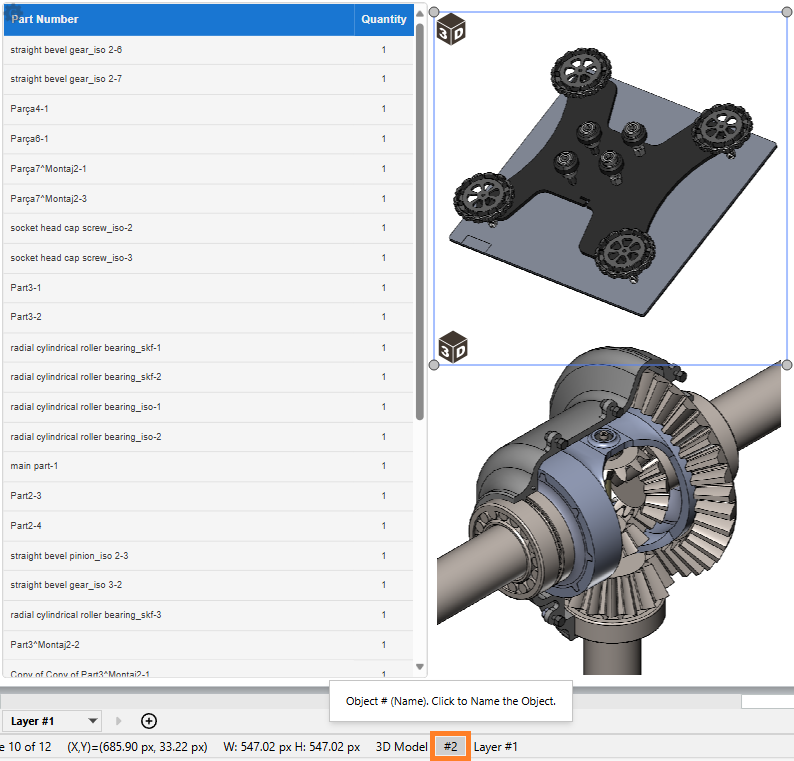 The selected right 3D model object and the # button on the Status bar