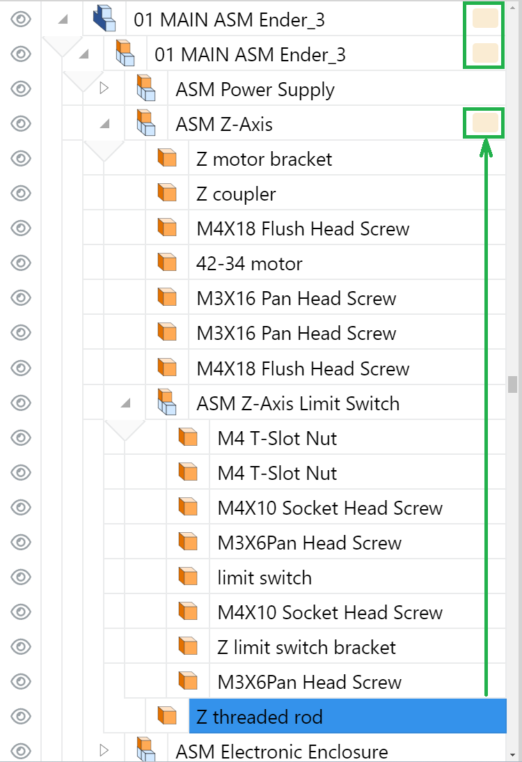 Selected part's tree branch identified by golden rectangle icons in the Name column of the Assembly Tree pane grid of the 3D Viewer