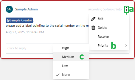 Selecting a new comment thread priority from the comment thread menu