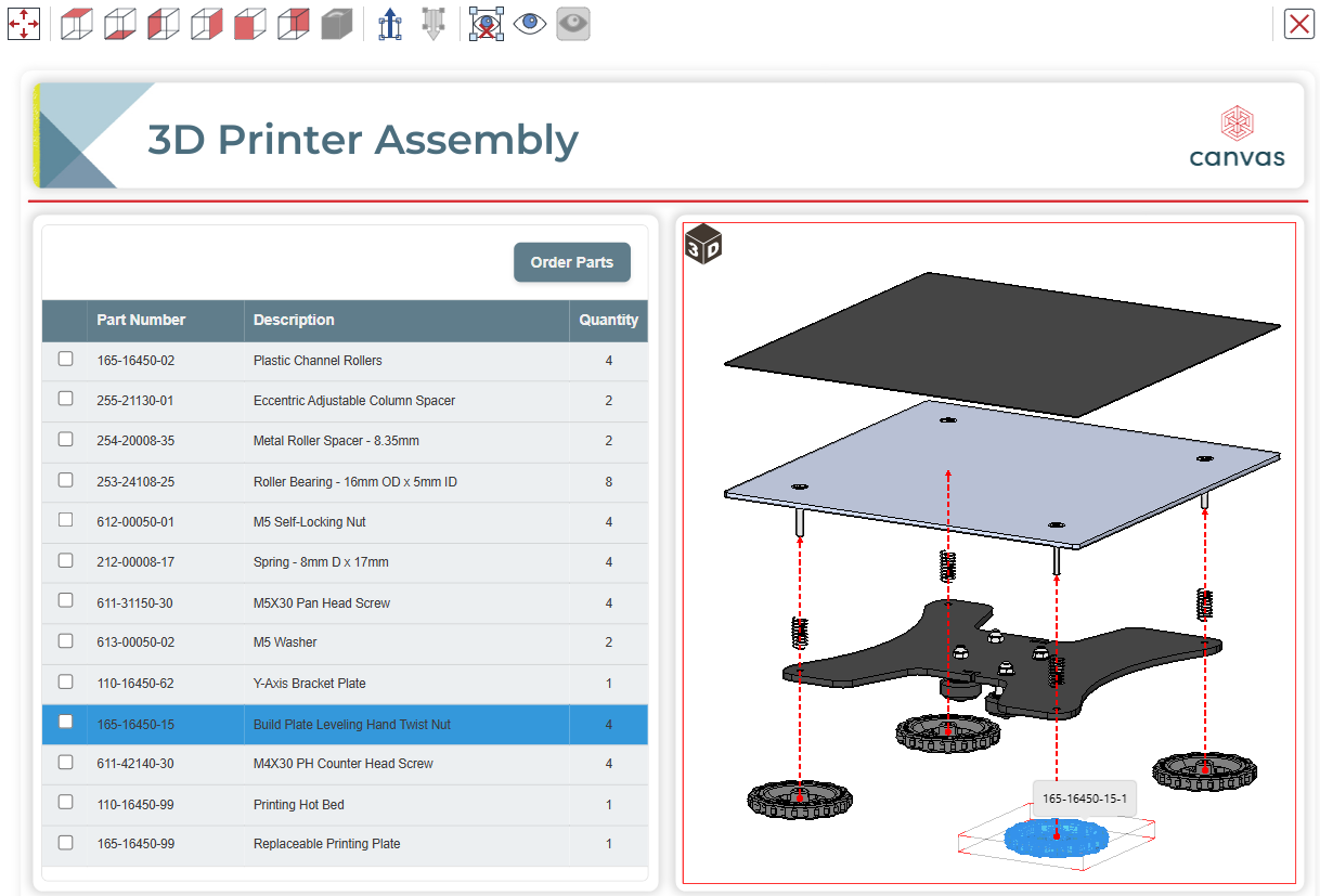 Selecting a part in the 3D model selects this part in the part list gadget