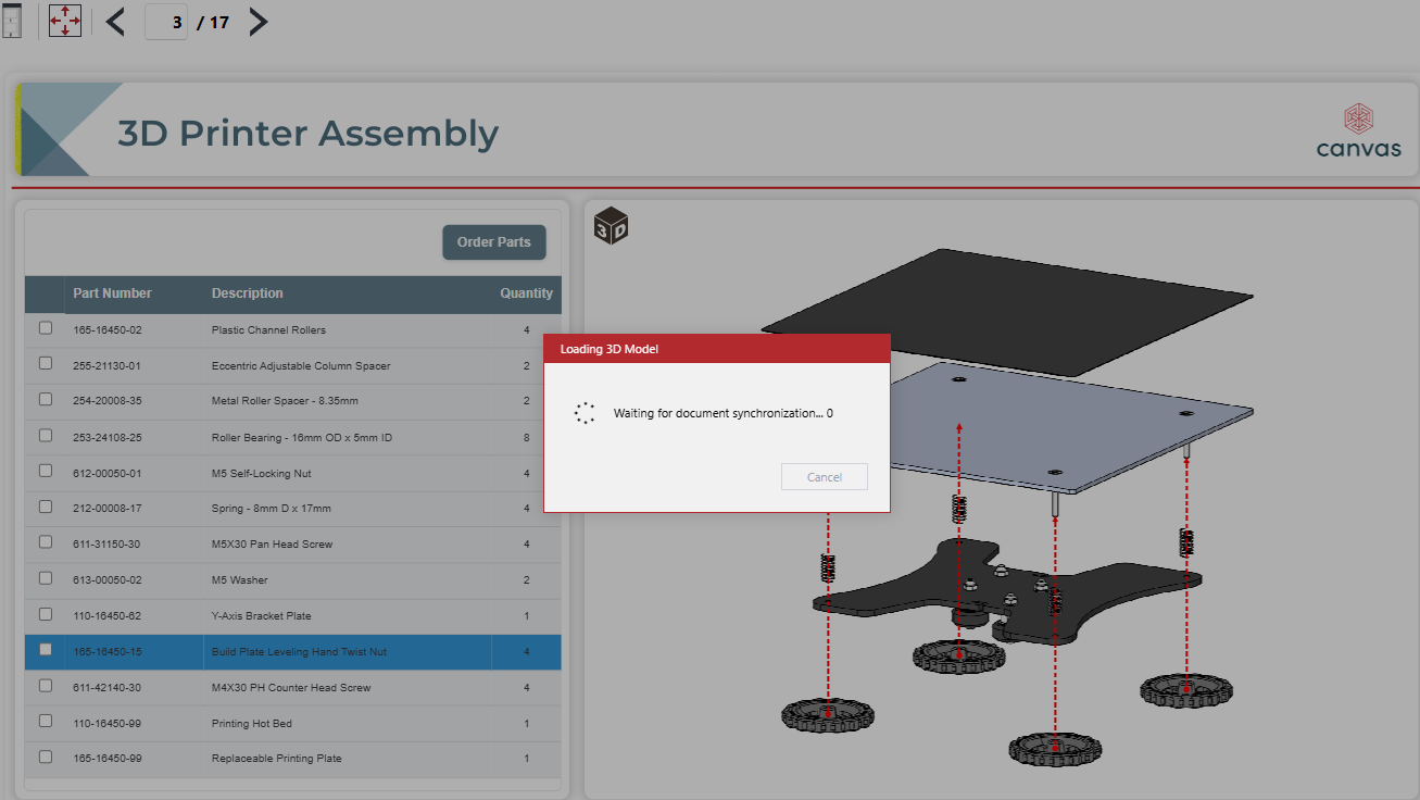 Selecting a part in the part list gadget table loads 3D mode for the associated 3D model