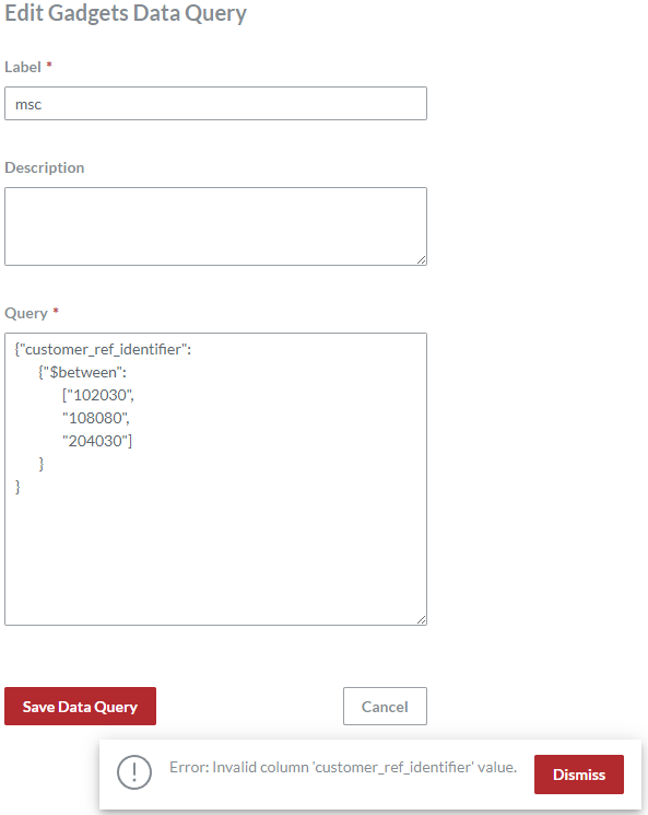 The third operand for the $between operator raises an error when saving a gadget data query