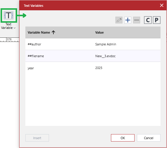 The top part of the Text Variable split button launches the Text Variables pop-up dialog