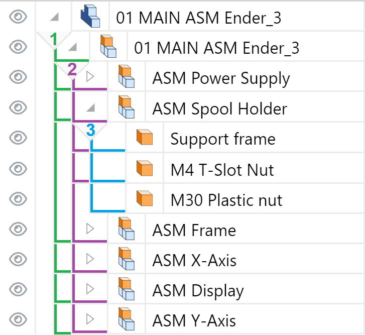 Tracking part levels in the assembly tree grid columns in the Assembly Tree pane of the 3D Viewer