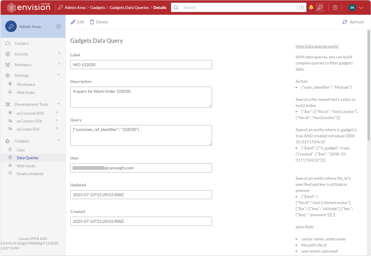 The truncated Gadgets Data Query page