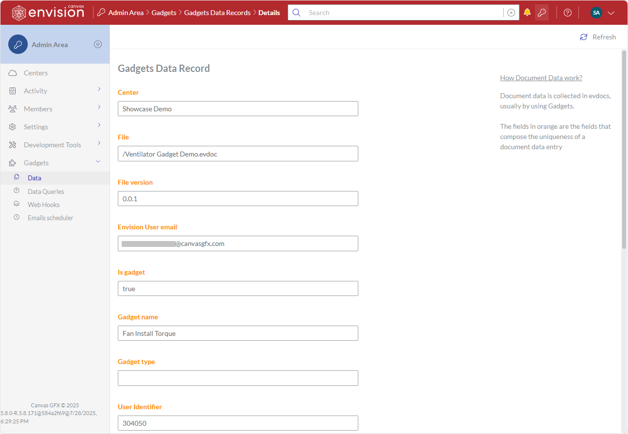 The truncated Gadgets Data Record page