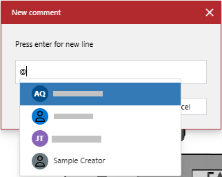 Typing @ displays a list of people available for mentioning in the New Comment pop-up dialog