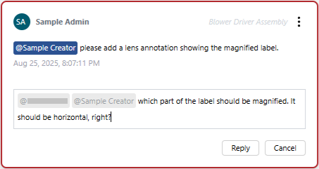 An unsaved comment thread reply with two mentions