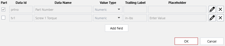 The updated the Data Id field of an existing row of data capture field settings in the Data Capture Gadget Configuration pop-up dialog