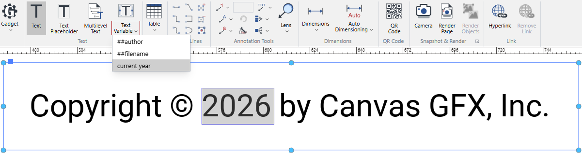 The updated current year text variable on the Text Variable split button menu and in a text object