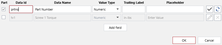 The updating the Data Id field of an existing row of data capture field settings in the Data Capture Gadget Configuration pop-up dialog
