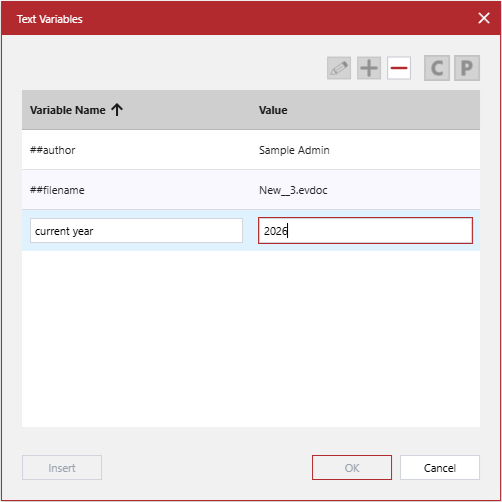 Updating values in the cells on the active text variable row in the Text Variables pop-up dialog grid