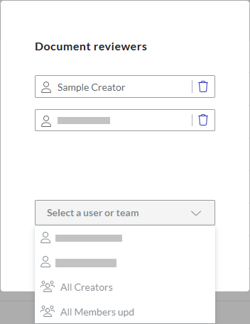 The users and teams moved from the drop-down list to the reviewers roster in the Add reviewer pop-up Portal dialog