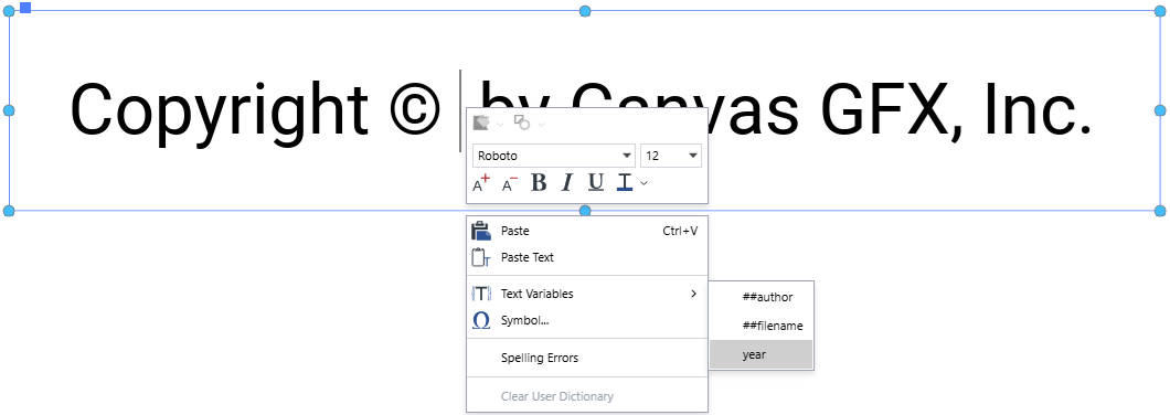 The year text variable on the list of the Text Variables command on the text-editing context-sensitive menu