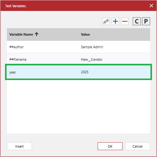 The year text variable is selected in the Text Variables pop-up dialog