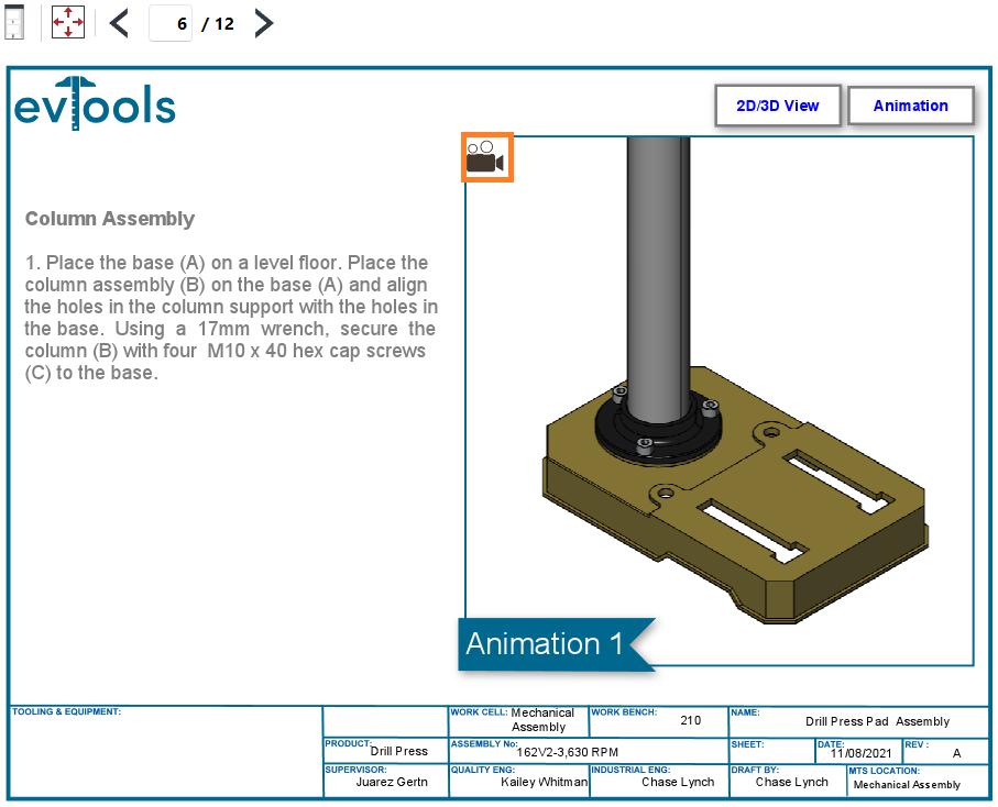 3D animation and 3D animation icon on a page in the 3D Viewer