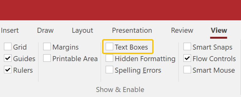 Text Boxes checkbox in the Show and Enable panel on the View tab of the Ribbon