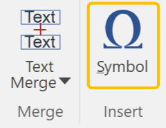 Symbol button in the Insert panel on the Text tab of the Ribbon