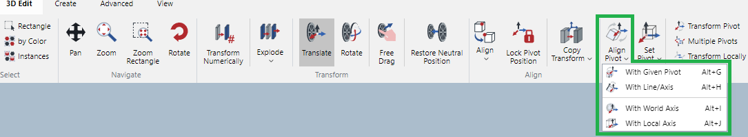 Align Pivot menu in the Align Pivots Panel on the 3D Edit Ribbon Tab in 3D Edit Mode