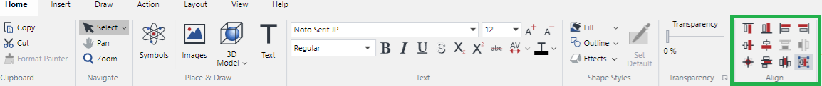 Align Panel on the Home Ribbon Tab for Multiple Selected Objects