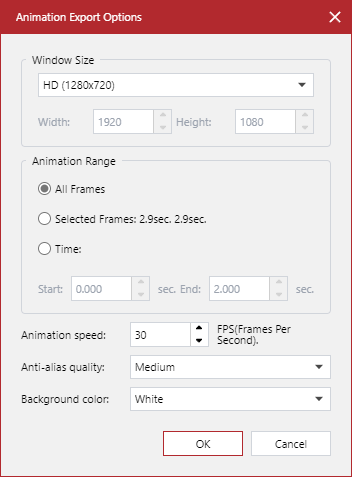 Animation Export Options Pop-up Dialog