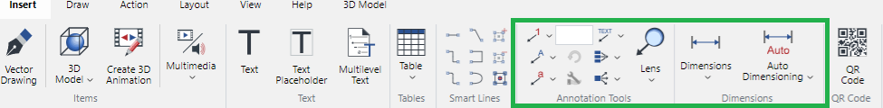 Annotation Tools and Dimensions Panels on the Insert Ribbon Tab