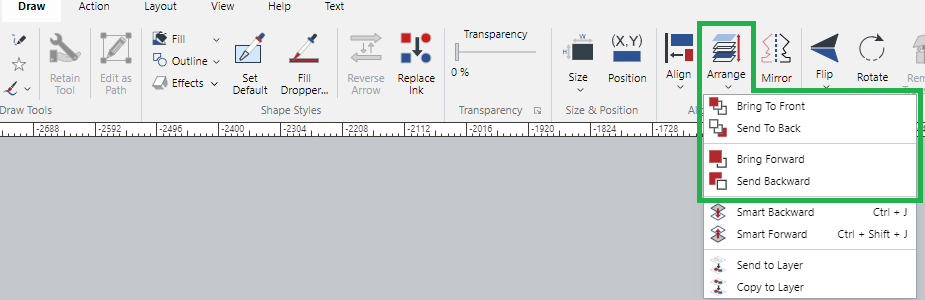 Arrange Menu in the Align and Arrange Panel on the Draw Ribbon Tab