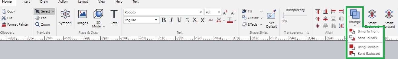 Arrange Menu in the Arrange Panel on the Home Ribbon Tab