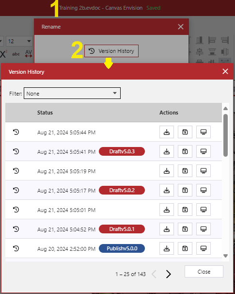 Version History Pop-up Dialog