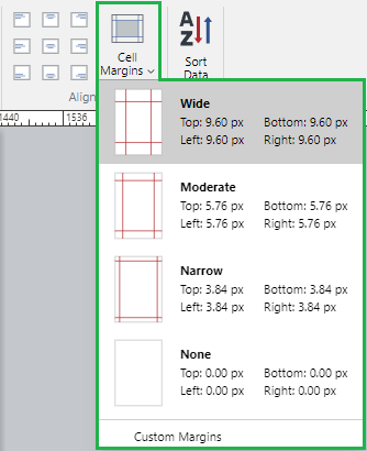 Cell Margins Drop-down Menu in the Alignment Panel on the Table Ribbon Tab