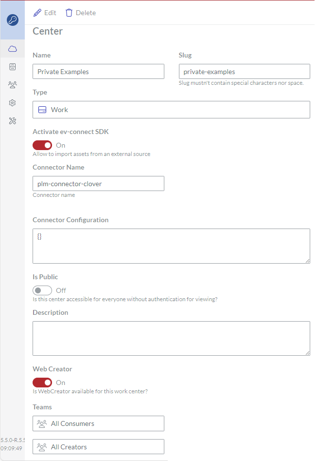 Center Page for the Private Examples Work Center