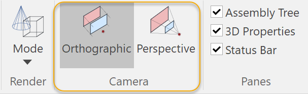 Select either Orthographic or Perspective from the Camera panel in the View tab of the Ribbon.