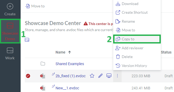 Copy to Action Menu Button